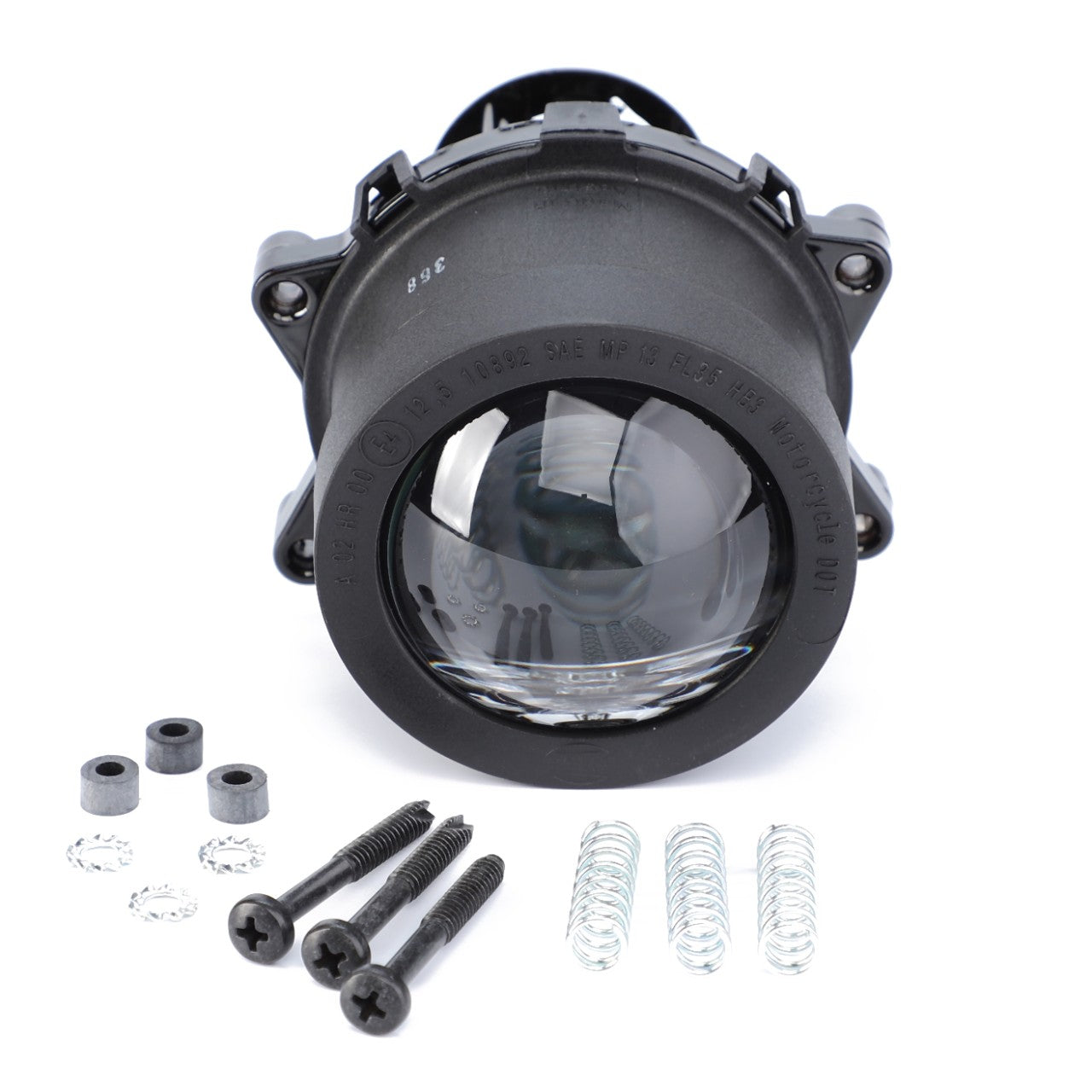 An AGCO black projector headlight lens assembly (Model 4298770M1) for Massey Ferguson models, featuring four screws, four springs, and four small cylindrical components positioned in front of it on a white background.