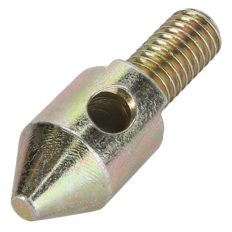 The AGCO | PIN - D28270235, by AGCO, is a metallic screw with a conical tip and a threaded shaft, featuring a hole through its wider section. No current product description information is available.