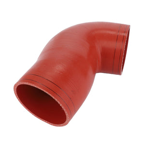 The AGCO Air Hose, For Boost Air - Acw4337050, is a high-quality red 90-degree silicone hose elbow. It is perfect for connecting pipes in automotive or industrial applications and ideal for use in an engine air system.