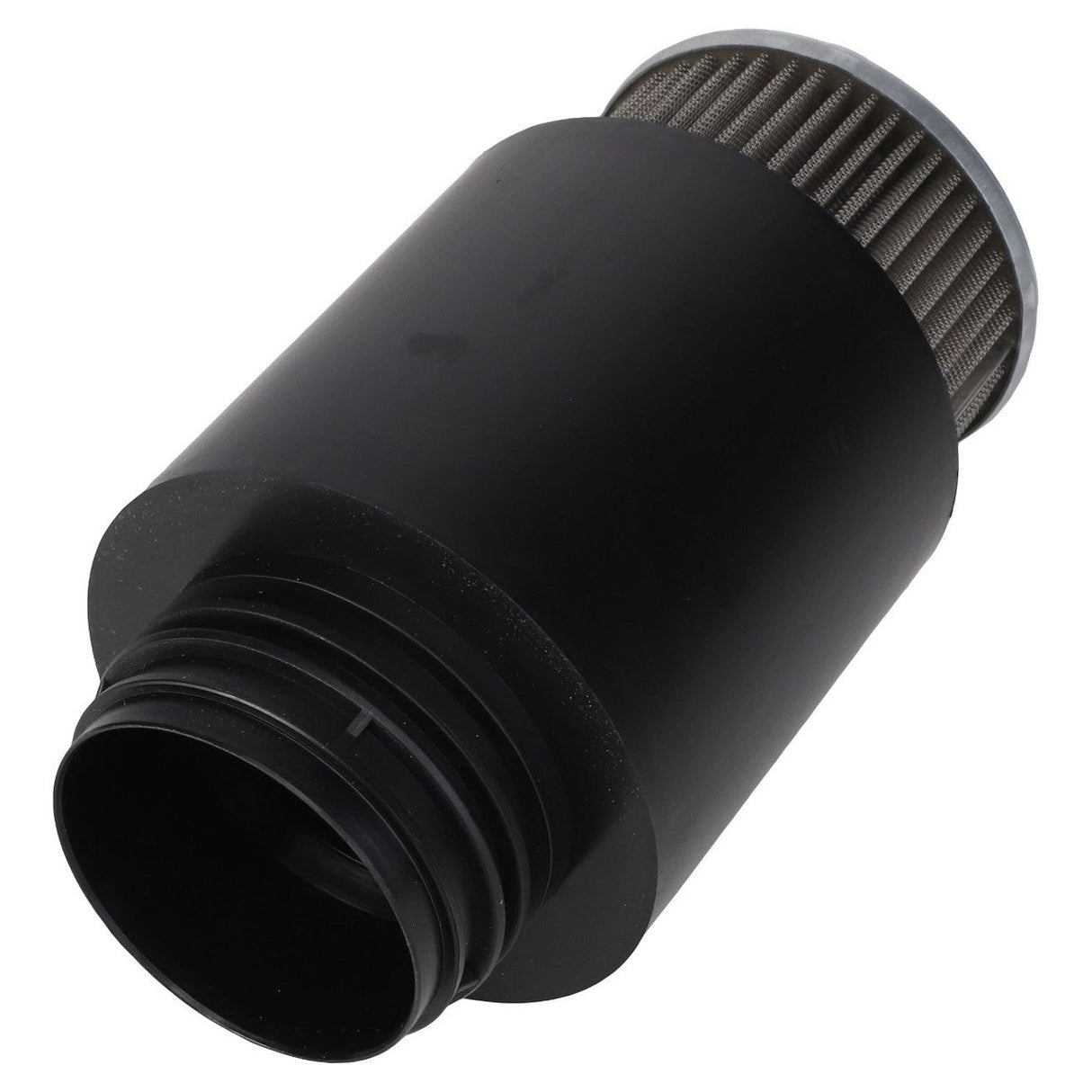 A cylindrical, black hydraulic filter with a ribbed, metallic filtration segment on one end, perfect for Fendt Vario models. 

Rewritten:
The AGCO Hydraulic Filter, Suction Filter (Cartridge) - H725860060100 is a cylindrical, black filter featuring a ribbed, metallic filtration segment on one end that is ideal for Fendt Vario models.