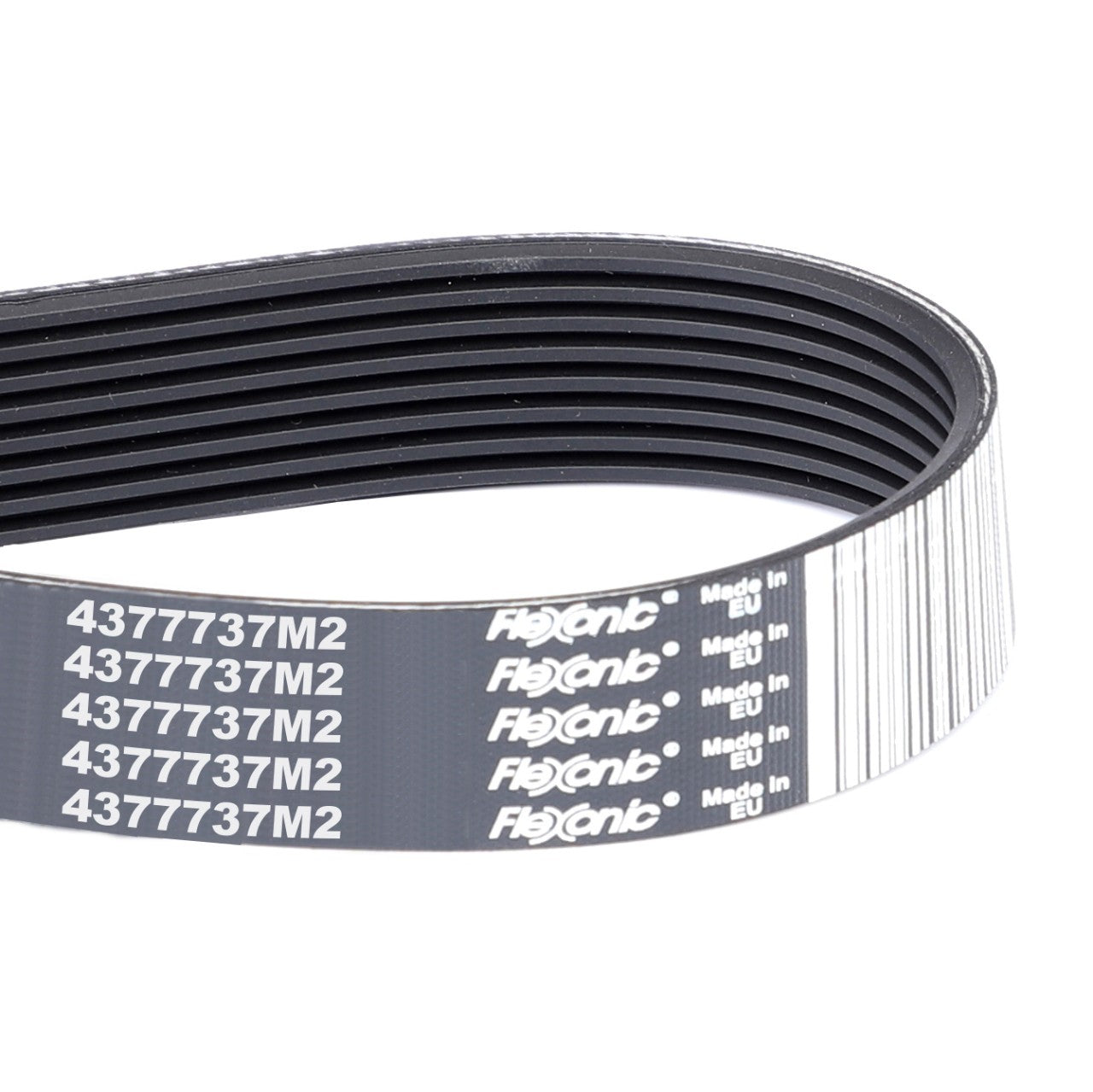 A close-up image of a black ribbed flexible belt, labeled "4377737M2", "Flexonic", and "Made in EU". This AGCO Genuine Serpentine Belt with Pk8 Profile is ideal for Massey Ferguson models, ensuring optimum performance and reliability.