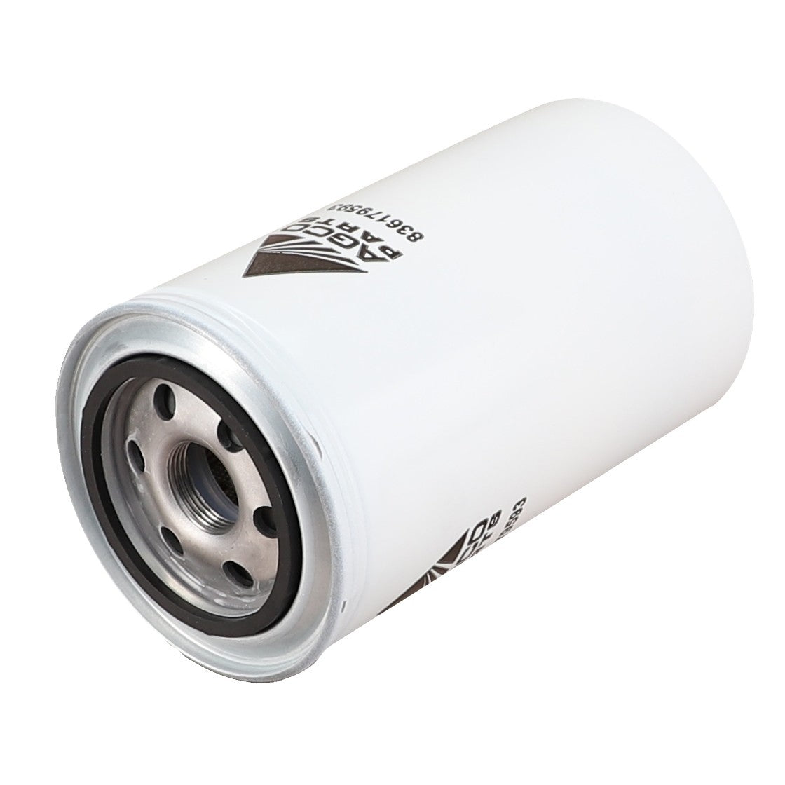 A cylindrical automotive engine oil filter with a white exterior, silver base, and multiple openings for oil flow, labeled "AGCO | Engine Oil Filter Spin On - V836179593". This filter extends component life by preventing wear and corrosion.