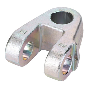 The AGCO | Accessory Code - Acw0634230 by AGCO is a metal clevis yoke featuring two circular holes and a central cylindrical opening, designed as a mechanical connector. No current product description information is available at this time.