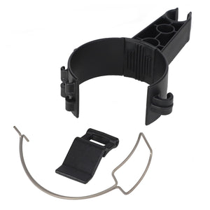 The AGCO HOLDER - AL5221188, featuring a black plastic clamp with a detachable metal wire component and a small black plastic latch, is arranged on a white background and is ideal for use with AGCO original parts.