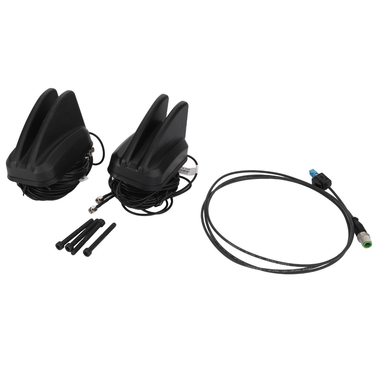 A pair of black sonar transducers with cables, three bolts, two nuts, and an additional connecting cable for seamless integration included in the AGCO Telemetry Kit - Acp0624060 by AGCO.