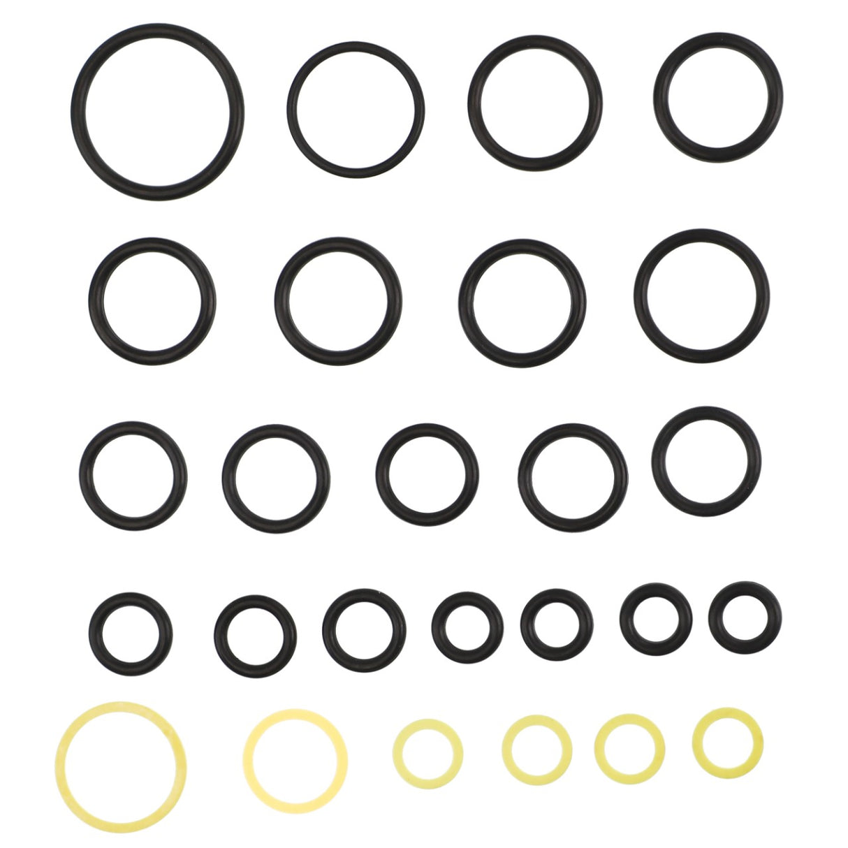 A selection of AGCO black and yellow O-rings of various sizes, labeled as KIT, JOINT - AL10550074, is arranged in a grid pattern against a white background. No current product description information is available.