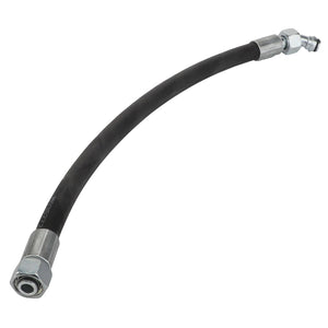 The AGCO | Hydr. Hose - Acw2216100 by AGCO is a durable black rubber hose featuring sturdy metal fittings at both ends—one straight and the other angled for versatile use.