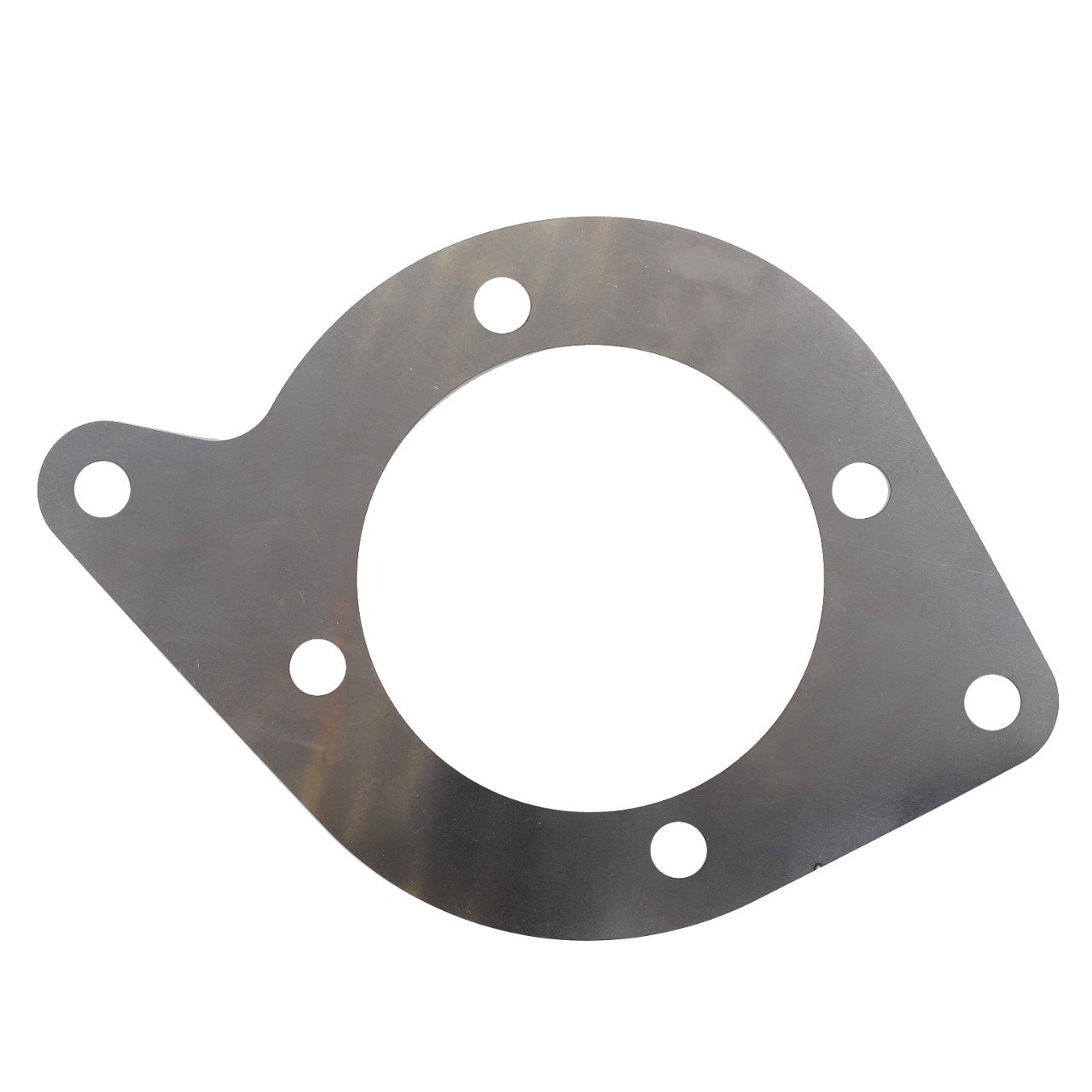 The AGCO Shim - 4301327M1 is a flat metal gasket featuring a round center hole and five smaller holes around the edge, specifically designed for sealing machinery parts in Massey Ferguson models.
