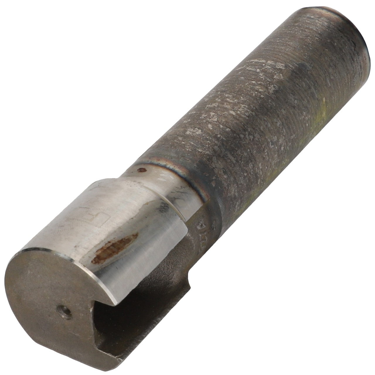 The AGCO | COUPLING BOLT Bush, Automatic Clevis - F816500070050 is displayed on a white background. This cylindrical metal tool features a partially hollowed-out tip designed for cutting or drilling tasks.