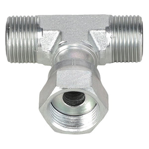 Introducing the AGCO | Swivel Tee Fitting - Acw1971600: A T-shaped metal pipe fitting with threaded ends, expertly designed to connect three pipes together. Brought to you by AGCO, this high-quality fitting ensures a secure and reliable connection.