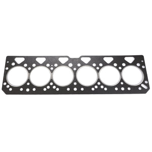 Image of the AGCO Head Gasket - 4222354M1, featuring six circular openings and multiple smaller holes arranged symmetrically, designed for precise engine sealing in Massey Ferguson models.