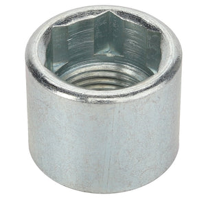 Close-up image of the AGCO | Bush - Acp0308690, featuring a metallic coupling nut with a hexagonal internal thread and a smooth exterior surface. No current product description available for this product.