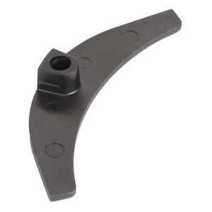 The AGCO | Gusset - 3904493M1 is a black metal bracket with a curved shape and a cylindrical hole in the center, designed specifically for precise fitment information on Massey Ferguson and Fendt machinery.