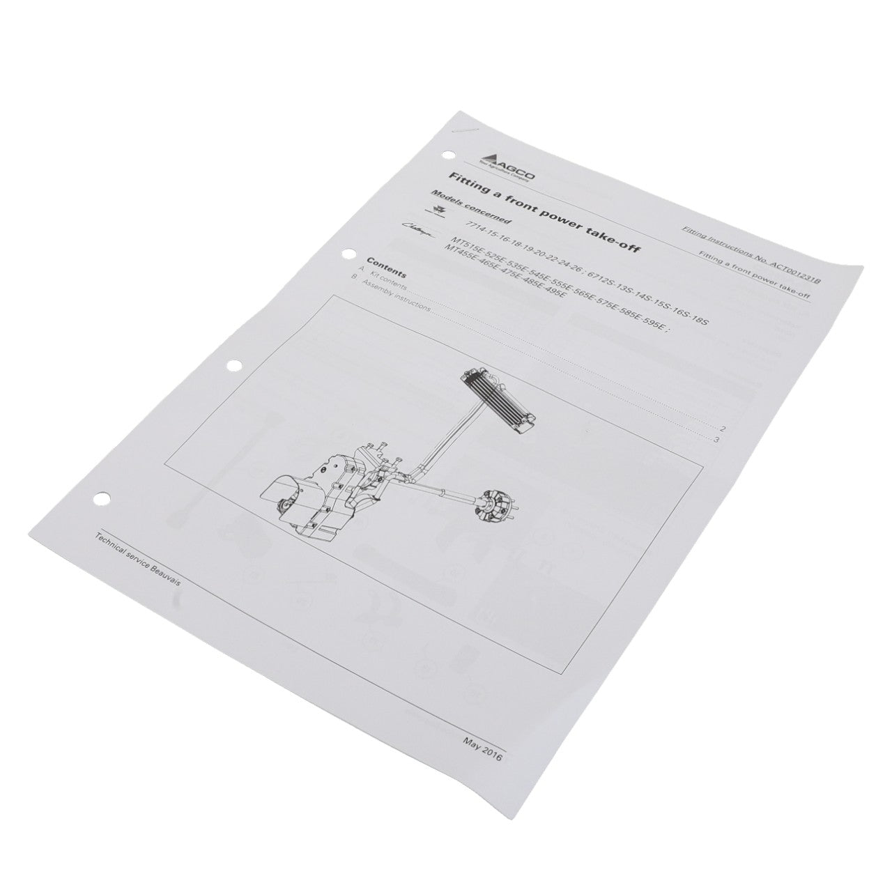 AGCO | Instruction Sheet - Act001231B page titled "Fitting a front power take-off" with diagrams and detailed text, on a pristine white background, dated May 2016.