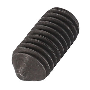 Close-up of an AGCO Grub Screw - La13798870, featuring a black, cylindrical design with a flat end and multiple threads, lying horizontally against a plain white background.