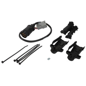 The AGCO Conversion Kit - Acp0614630, from the renowned brand AGCO, features a sleek black cable harness, zip ties for secure fastening, and various black plastic connectors and parts—all meticulously arranged on a pristine white background.