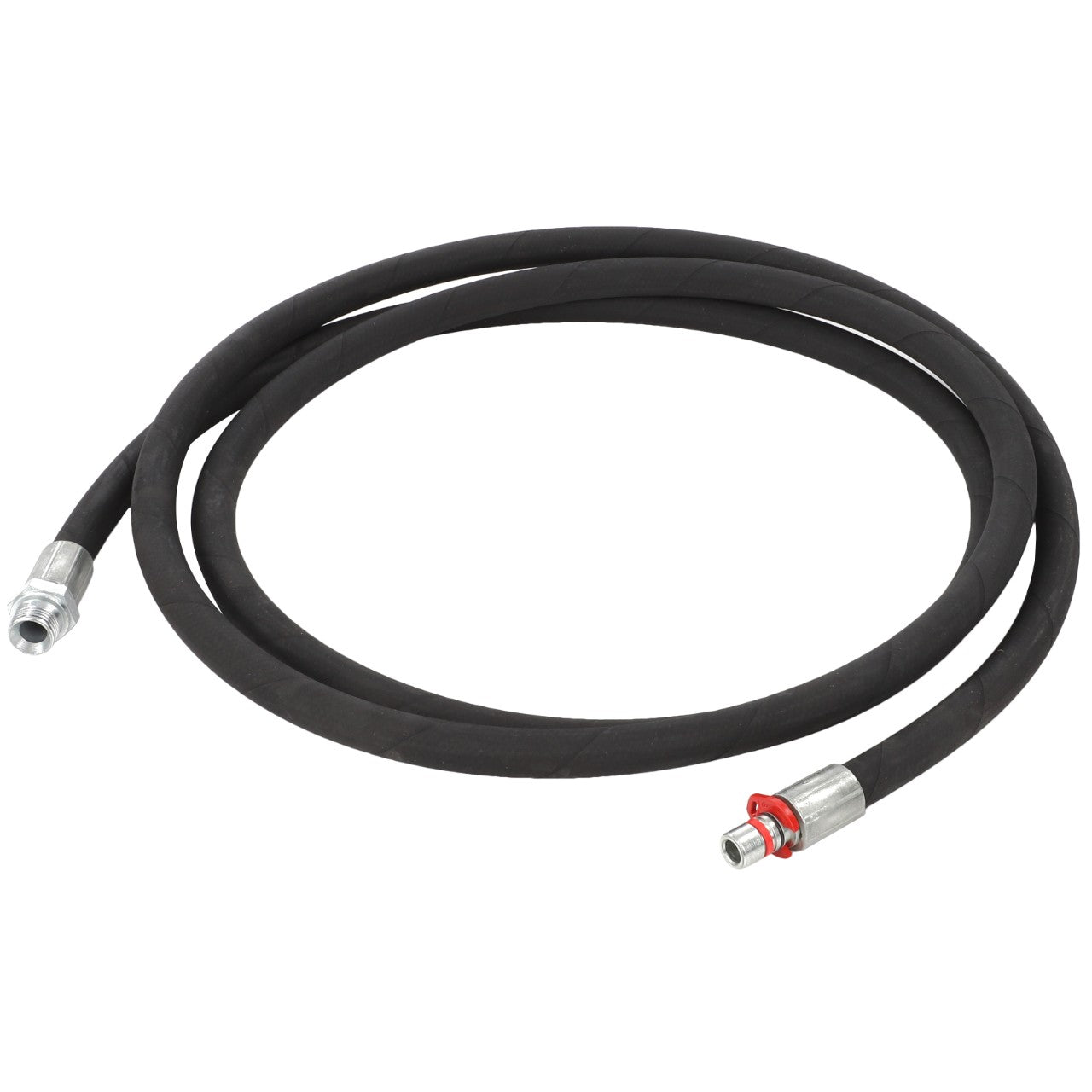 The AGCO HOSE - AL9032515, a coiled black hydraulic hose with metal fittings on each end, rests serenely on a pristine white surface.