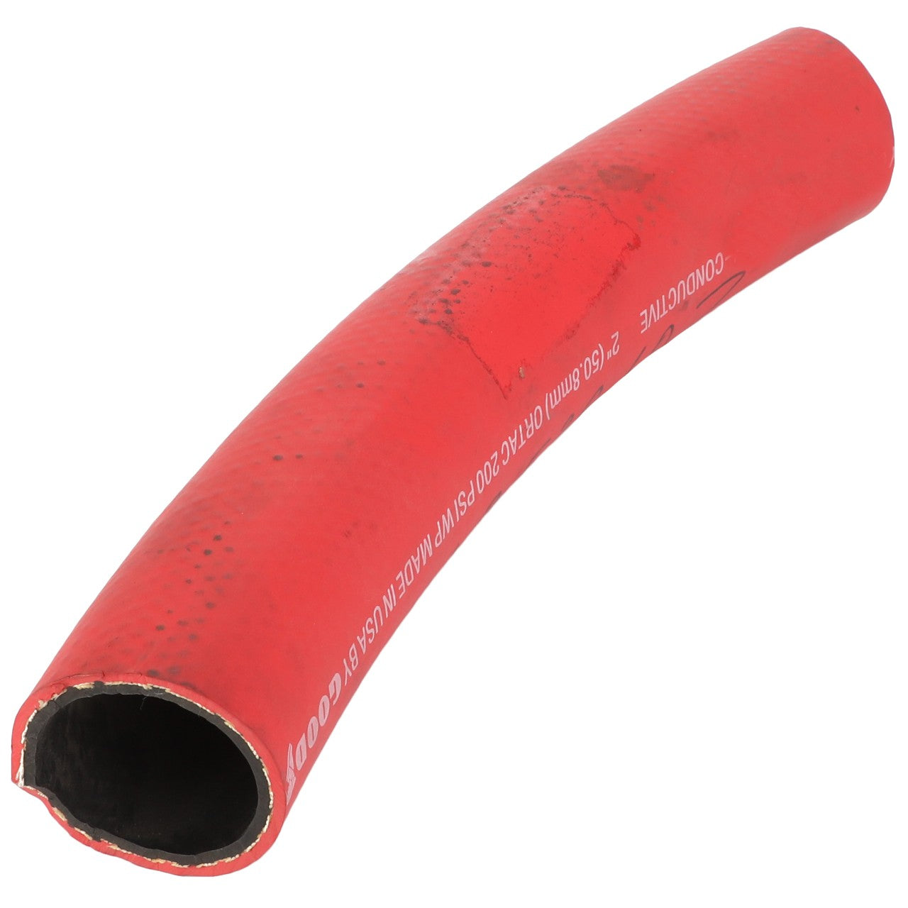 A curved red rubber hose with a black interior, labeled "Continental" and other text in white on the exterior surface. No current product description information is available for AGCO | FUEL HOSE - AG522183, manufactured by AGCO.