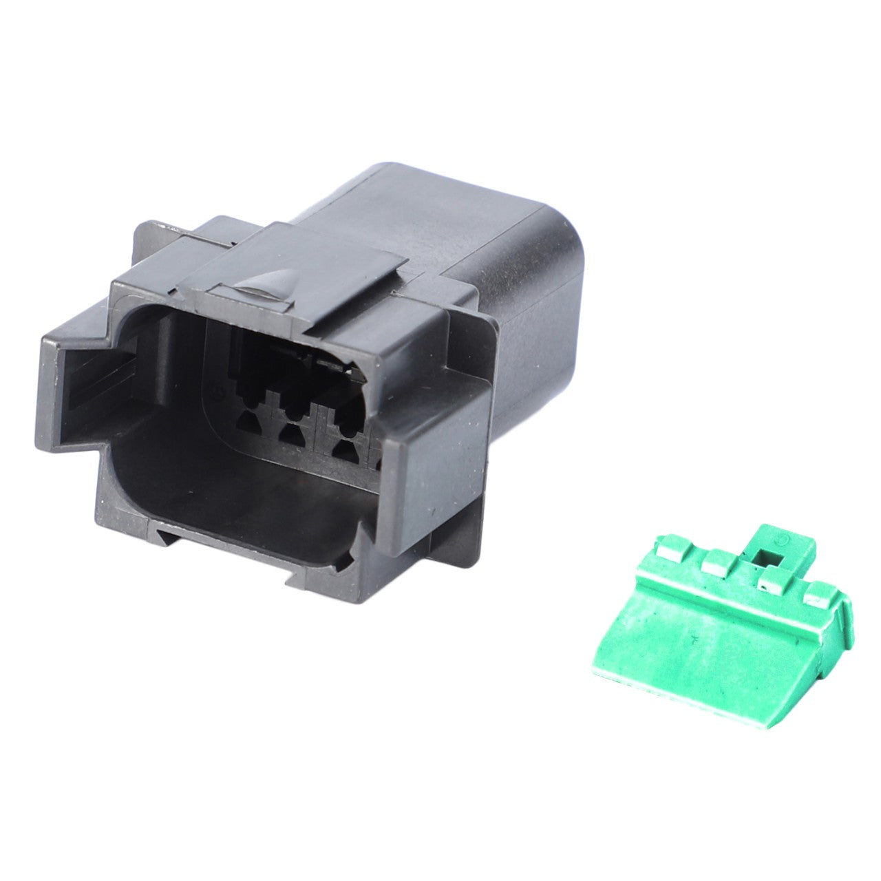 An AGCO Electrical Connector (F931901020140) in black plastic and a separate green component are placed on a white background. No current product description information is available.