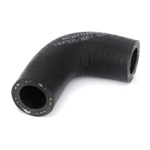 A black rubber elbow hose with text imprints on its surface. The hose, named AGCO | Hose, For Coolant - Acw7020690, has a 90-degree angle bend and hollow openings on both ends, ensuring reliable performance and maximum durability. Perfect for AGCO Cooling Hoses applications.