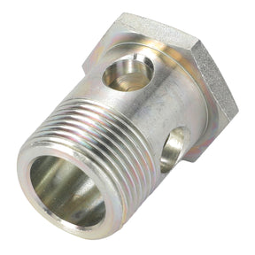 Close-up of the AGCO SCREW - AL1120397 threaded metal component with multiple holes, featuring a hexagonal base. No information is available at this time regarding its specific usage or application.
