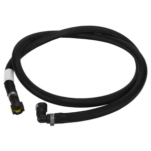 The AGCO Hose - Acw0225430 is a coiled black flexible hose featuring connectors on both ends, including one L-shaped connector and one straight connector. The product description details are currently unavailable.