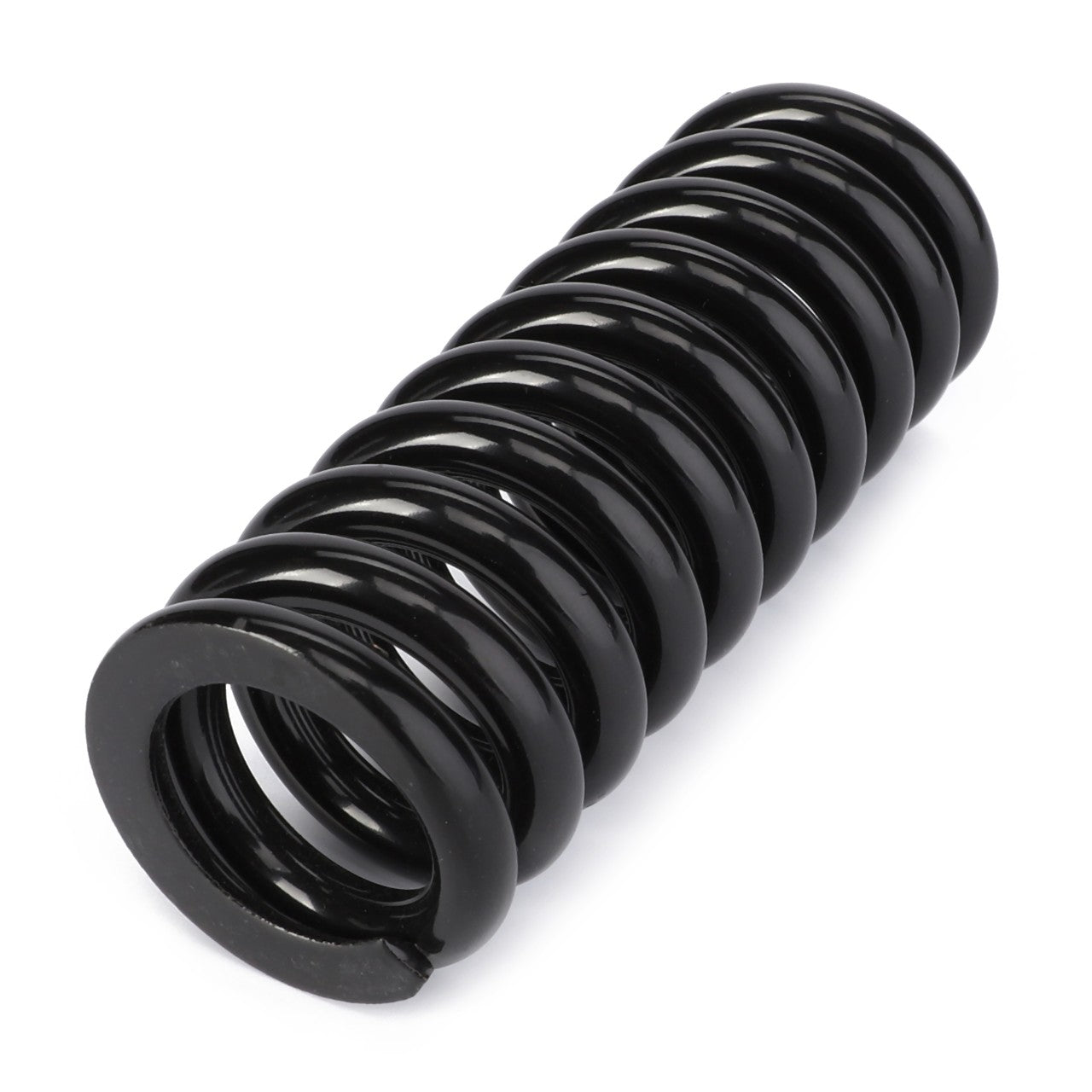 A close-up of the AGCO | Compression Spring - 0940-16-11-00, a black metal spring coiled tightly into a cylindrical shape with both ends visible, reminiscent of the robust components found in Massey Ferguson equipment.