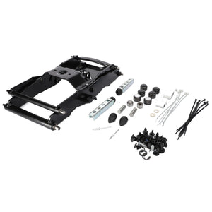 A black metal mounting bracket, identified as the AGCO Swing, Seat Spring Assembly (F716501030770), is surrounded by a collection of screws, bolts, washers, cables, and other installation accessories laid out on a white background. No current product description information is available.