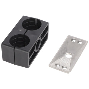 The AGCO CLAMP - AG425732, a black plastic cable clamp featuring two circular slots, is positioned beside a metal mounting plate that has one central hole and three smaller holes. Further product description information is unavailable.