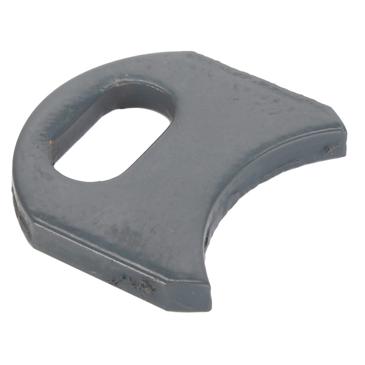 The AGCO | BRACKET - D28260380 is a small, gray, metallic tool featuring a rectangular hole and a curved edge, potentially used as part of a locking or securing mechanism. No current product description information is available for this item.