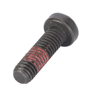 Close-up of a black AGCO Countersunk, Socket Head Capscrew - 4302668M1 with a coiled thread and a hexagonal head, often used in Massey Ferguson machinery. The threading is partially covered in red coating.