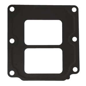 The AGCO Gasket - F530200090450 is a black, rectangular gasket featuring two rectangular cutouts and six circular holes, designed for use as a seal in mechanical applications. No current product description available.