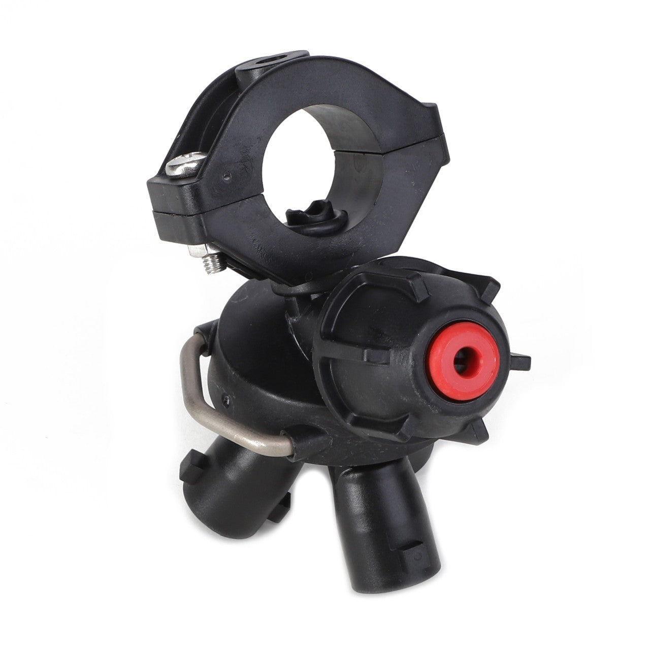 A black and red industrial spray nozzle featuring a clamping mechanism, an EPDM seal, and multiple connection points, isolated on a white background. The AGCO | Pentair Hypro Triple Nozzle Body - AG429920 offers reliable performance for various applications.