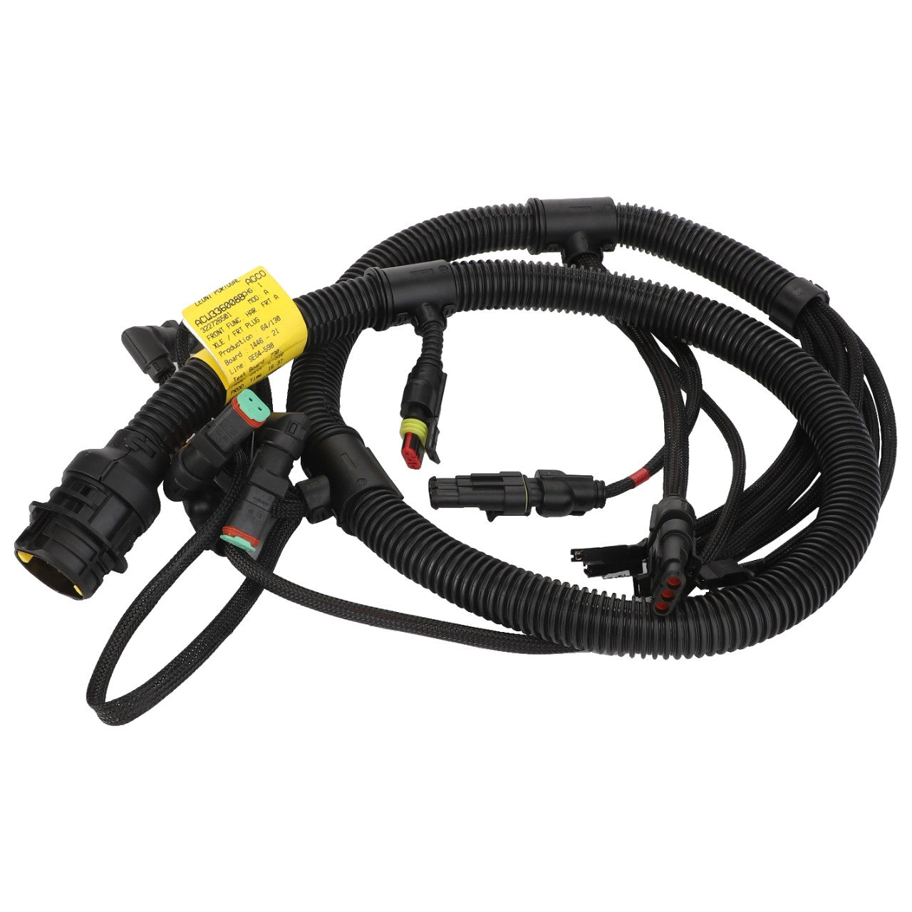 The AGCO | Harness - Acw336008B is a coiled automotive wiring harness featuring various interconnected black cables, plugs, and connectors with a yellow label attached. Please note that no current product description information is available.