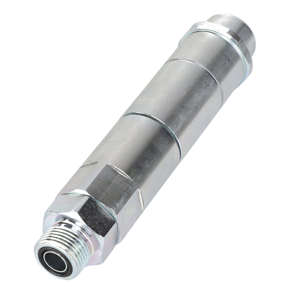 The AGCO Male Coupler - Acw0538820 is a silver, cylindrical metal component with threaded ends, typically used in mechanical or hydraulic systems. No current product description information available.