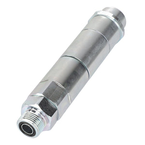 The AGCO Male Coupler - Acw0538820 is a silver, cylindrical metal component with threaded ends, typically used in mechanical or hydraulic systems. No current product description information available.