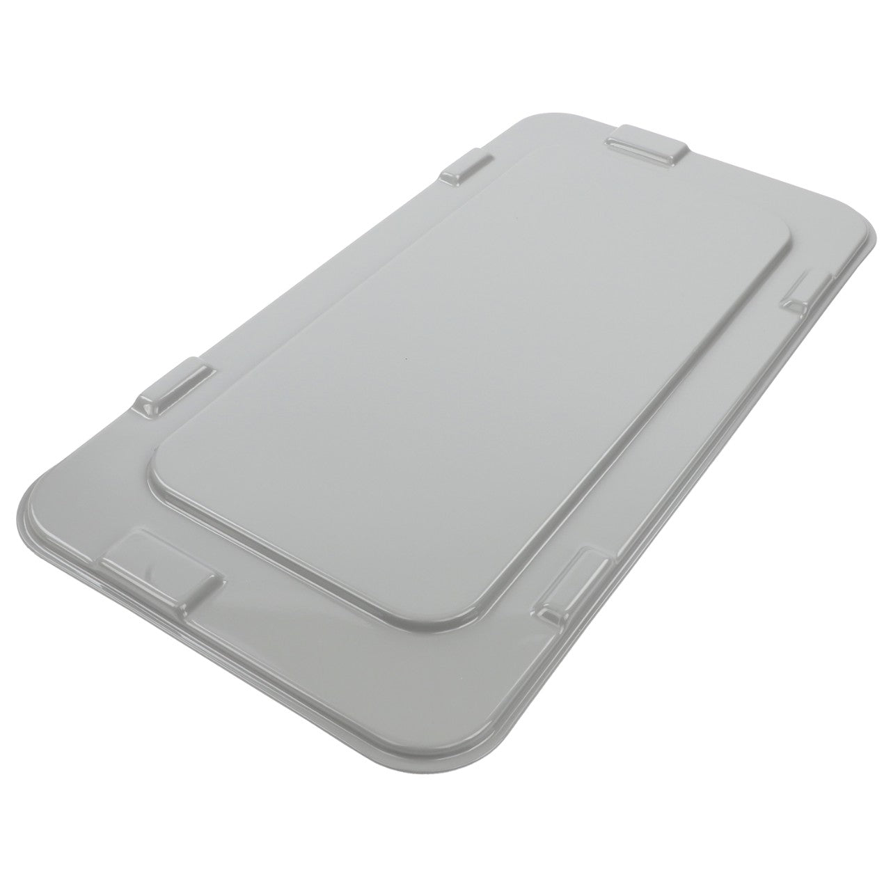 A rectangular, light gray plastic lid with four small latches at the corners, compatible with Massey Ferguson equipment. Product Name: AGCO | Trap - 3787167M91 by Brand: AGCO.