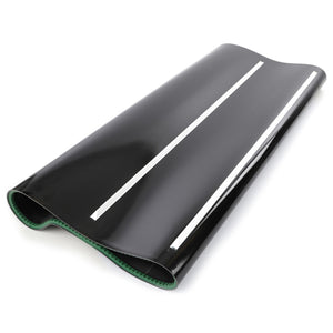 A black conveyor belt with two parallel white lines running along its length, featuring a flexible and durable design with a green backing on the underside, ideal for high-speed harvesting. Trust the quality of AGCO's Draper Band, Power Flow Header - D28250931 for your agricultural needs.