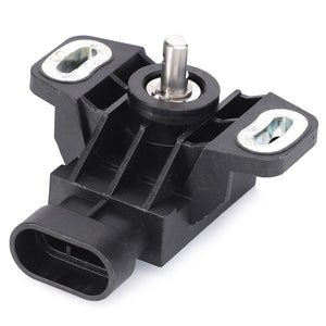 AGCO's Sensor Front Axle Suspension - 3785555M3 is a black plastic automotive sensor featuring a cylindrical metallic pin and two mounting holes, designed to seamlessly integrate into both 4WD and 2WD vehicles.