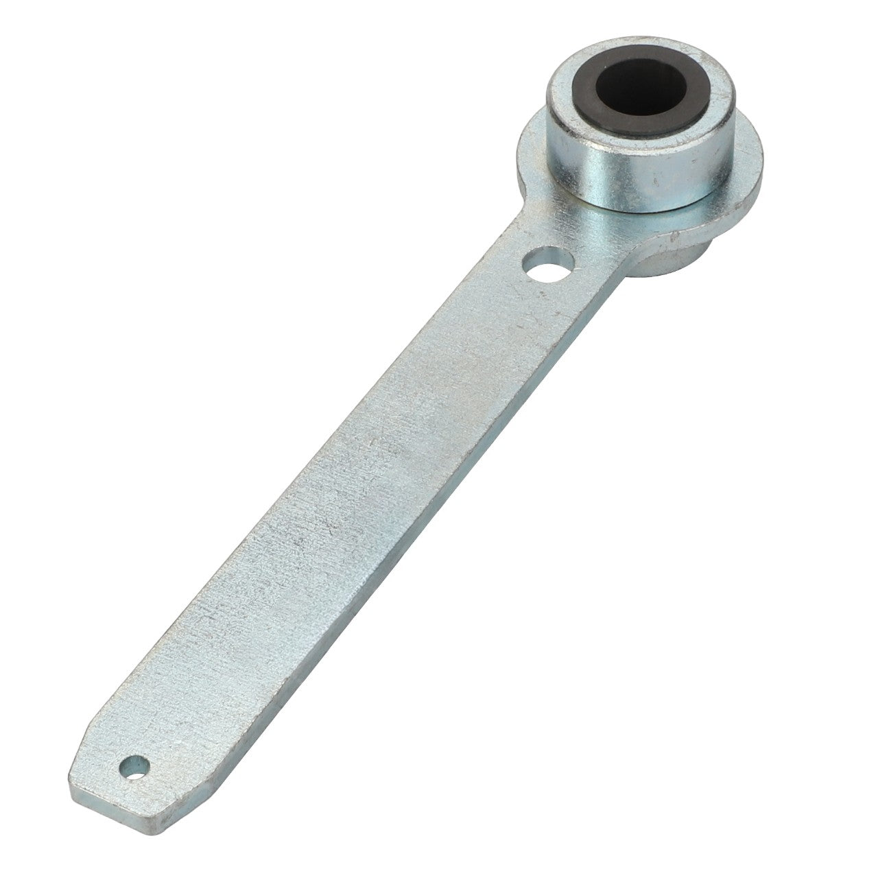 The AGCO | Lever - Acp0666300 by AGCO is a metal lever featuring a cylindrical bushing on one end and a flat, elongated handle with two holes on the other end. No current product description available.