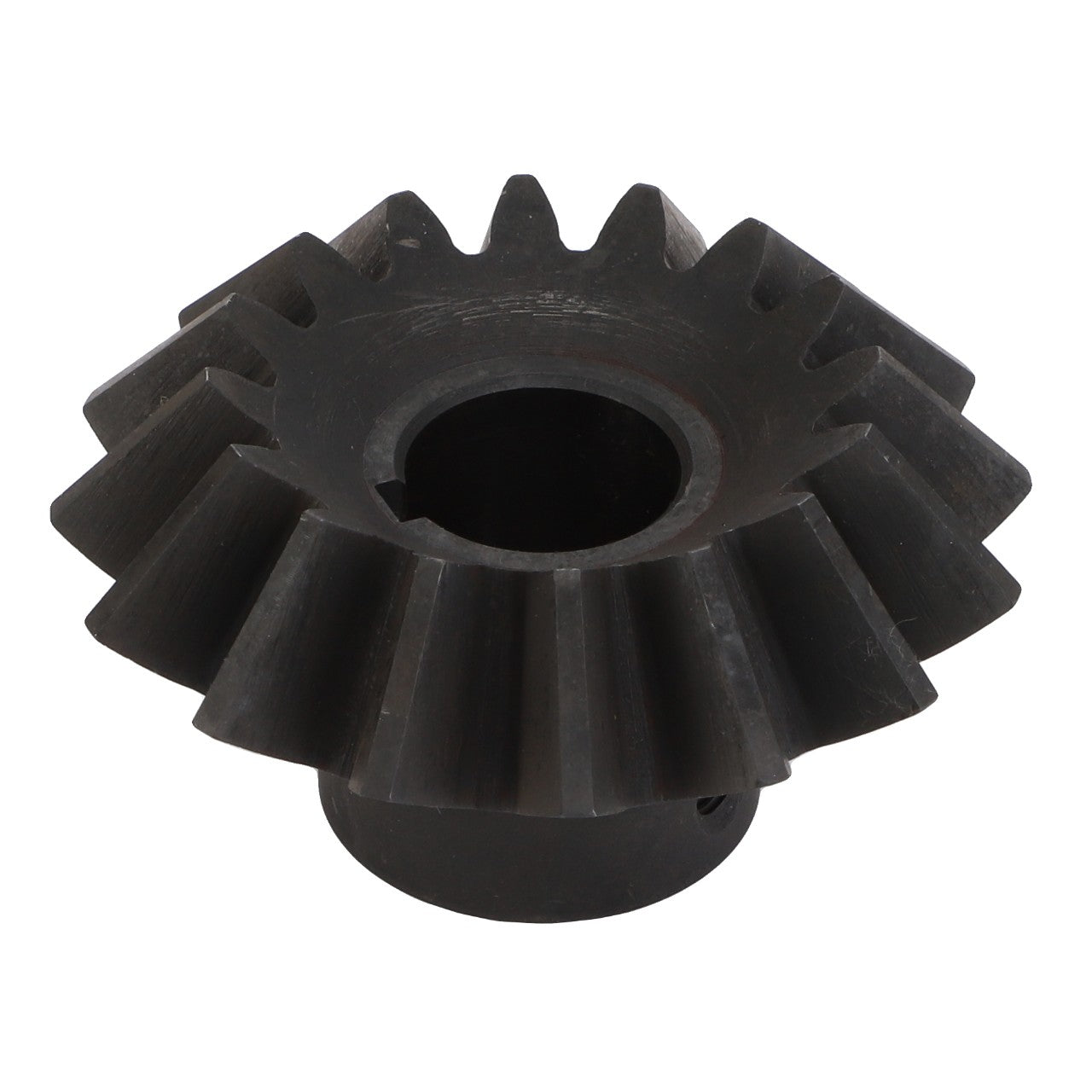 The AGCO | Bevel Gear - ACY1501440, a black metal bevel gear with angled teeth, is an AGCO Parts Genuine product used in machinery to change the direction of rotational force and enhance gear durability.