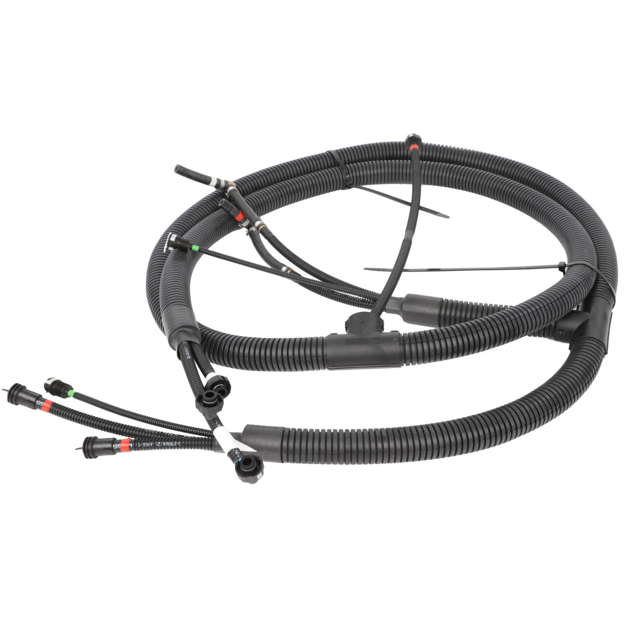 Introducing the AGCO | Def Hose - Acw8516590, a coiled automotive wiring harness from AGCO that features advanced connectivity with multiple connecting plugs and durable protective corrugated tubing.