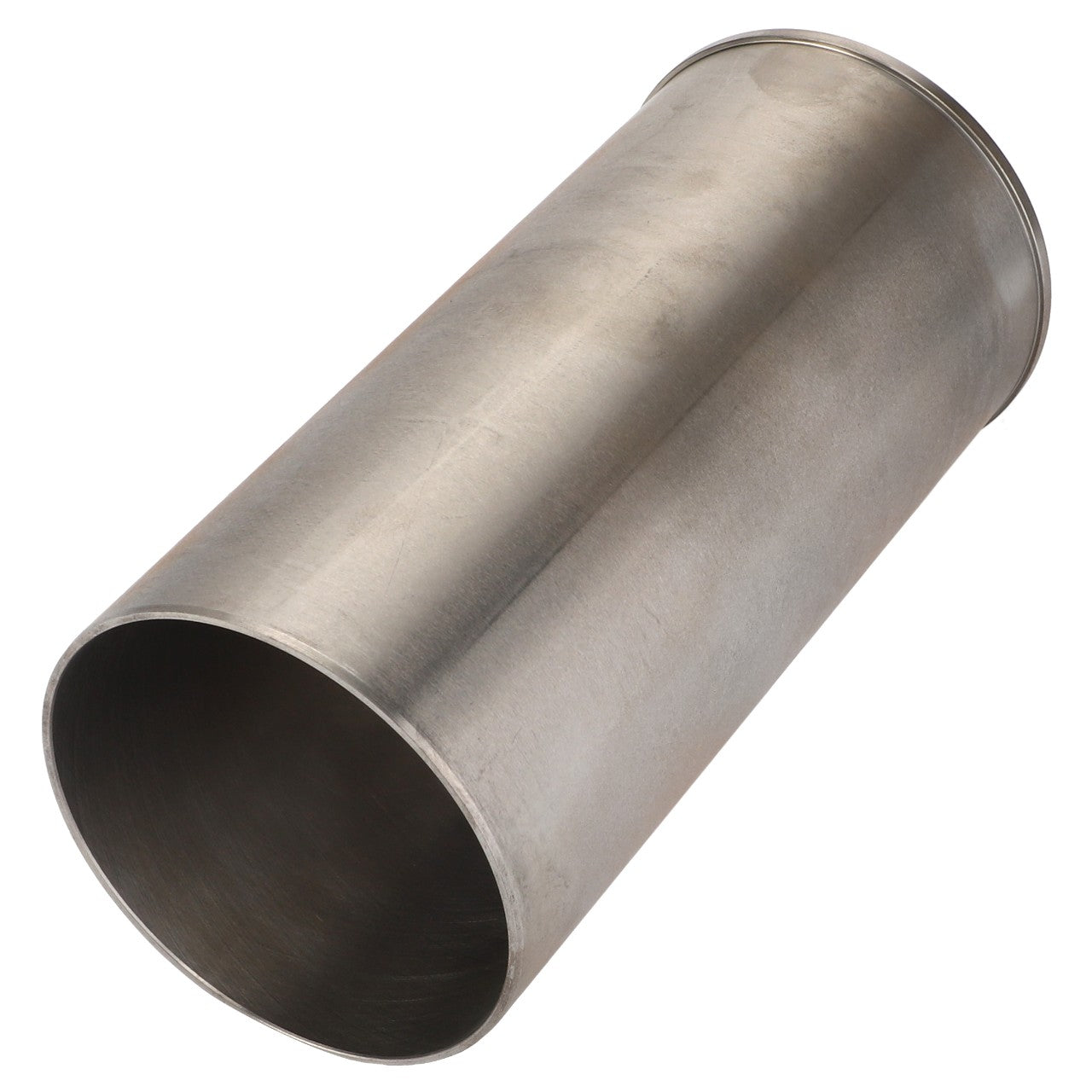 A cylindrical metal pipe with smooth surfaces, open at both ends, and placed on a white background, resembles the structural precision of components like the AGCO Liner - 4222708M1.