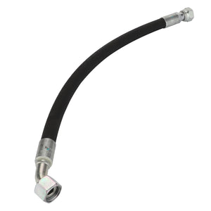 The AGCO | Hydraulic Hose - Acw1842500 by AGCO is a flexible black hydraulic hose with silver connectors on both ends, featuring one straight and one angled configuration.