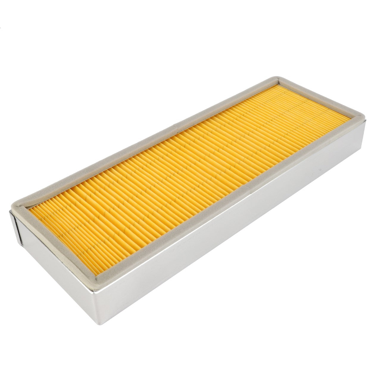 AGCO FILTER - D28985352 by AGCO, featuring a yellow, pleated paper element inside a rectangular metal frame, shown against a white background. No current information on specific dimensions and efficiency is available.