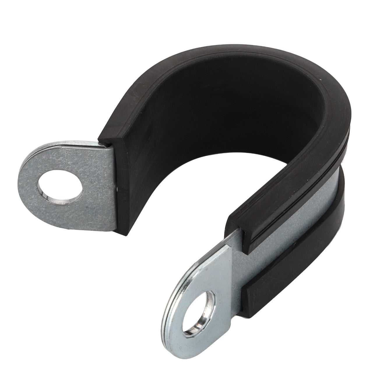 AGCO's Clip - Acp0357710 is a metal clamp with a rubber lining, designed with two flanged ends that have pre-drilled holes for secure fastening.