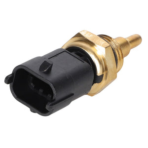 The AGCO Transmitter, Temperature, Hydraulic Oil - H835860061011 is a brass and black plastic automotive temperature sensor designed for Massey Ferguson, featuring a probe on one end and a connector on the other.