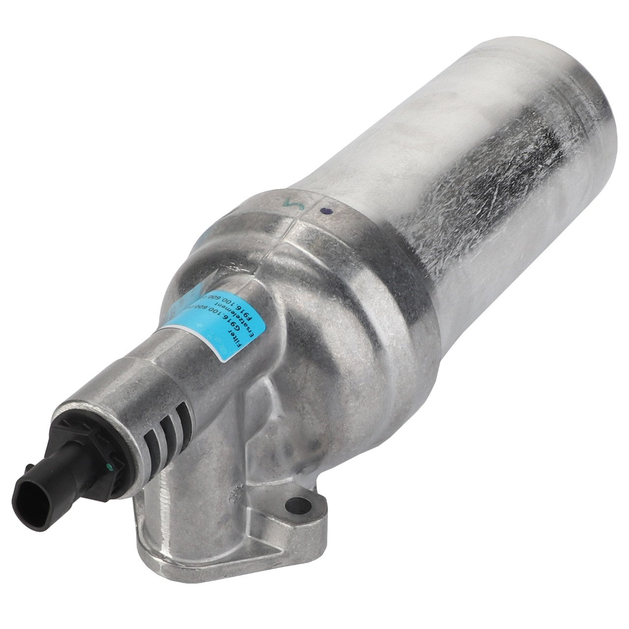 The AGCO Filter - G916100600061 is a cylindrical metallic automotive component featuring an attached black electrical connector and a blue label with small text, commonly found in Fendt Vario systems.