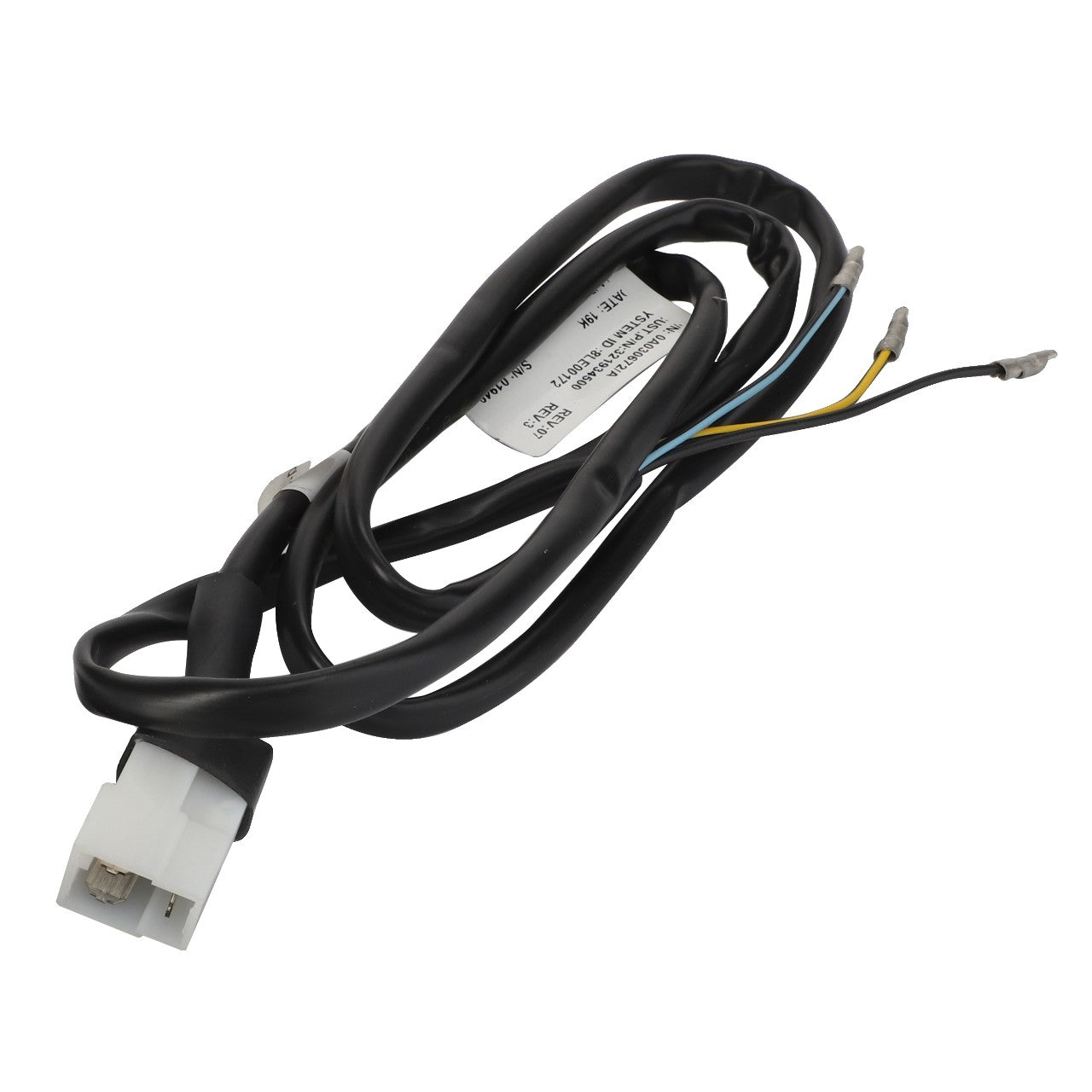 Product Description: The AGCO Harness - La321934500 is a black electrical cable featuring a white plastic connector at one end and exposed wires at the other. No further product description information is currently available.