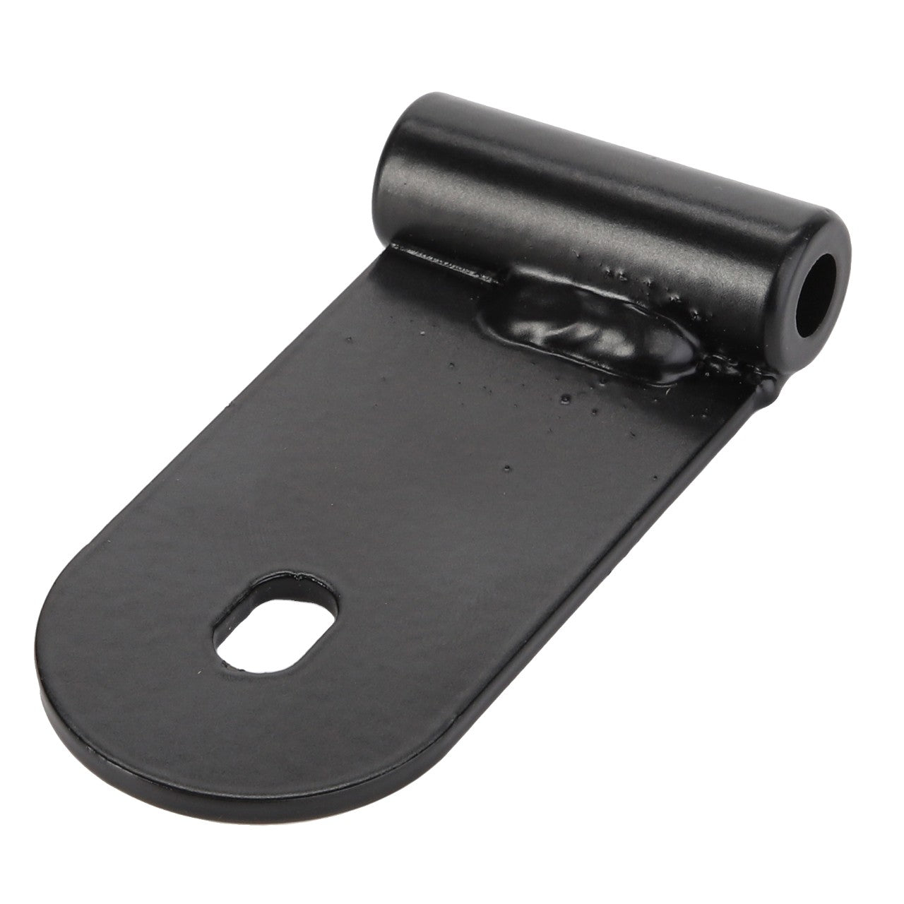 Product Name: AGCO | Hinge - Acp0420270
Brand Name: AGCO

Description:
The AGCO Hinge (part number Acp0420270) is a black metal bracket designed with a cylindrical hinge on one end and an oval hole on the other.